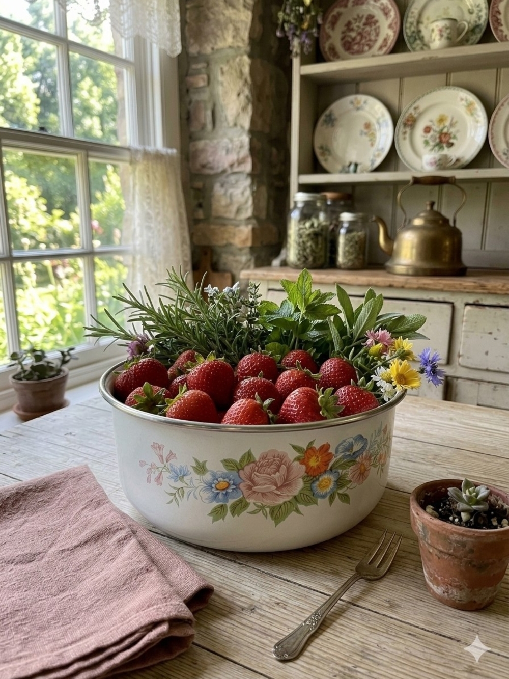 Vintage Enamel Floral Bowl • White with Pastel Flowers • Cottagecore Kitchen Dec